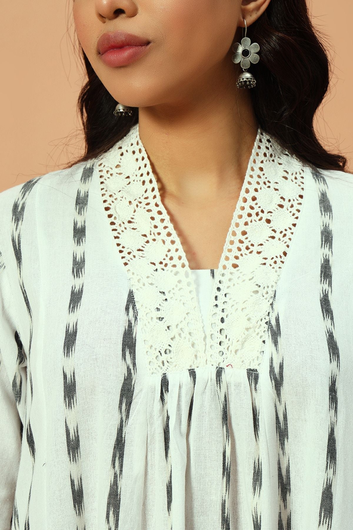 White Ikat Lace Detail Maxi Dress