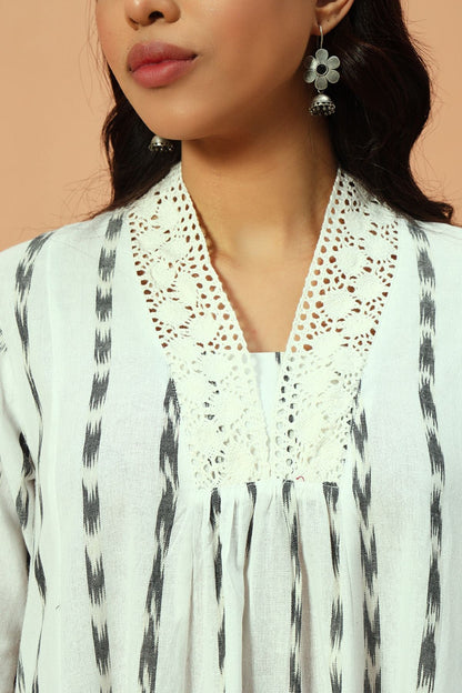 White Ikat Lace Detail Maxi Dress