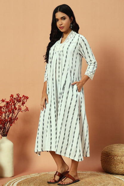 White Ikat Lace Detail Maxi Dress