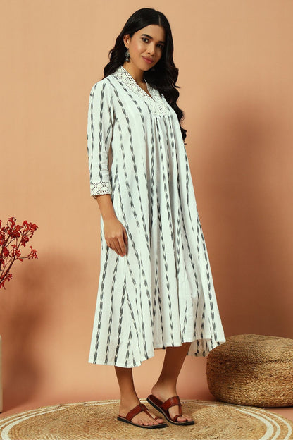 White Ikat Lace Detail Maxi Dress