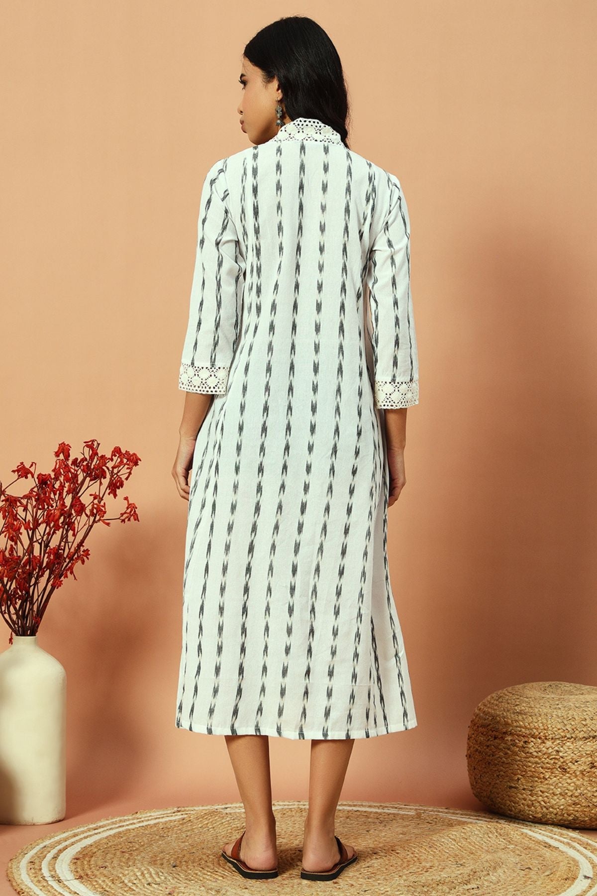 White Ikat Lace Detail Maxi Dress