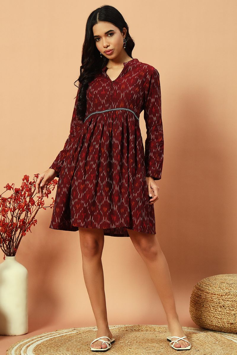 Wine Ikat Flared Dress