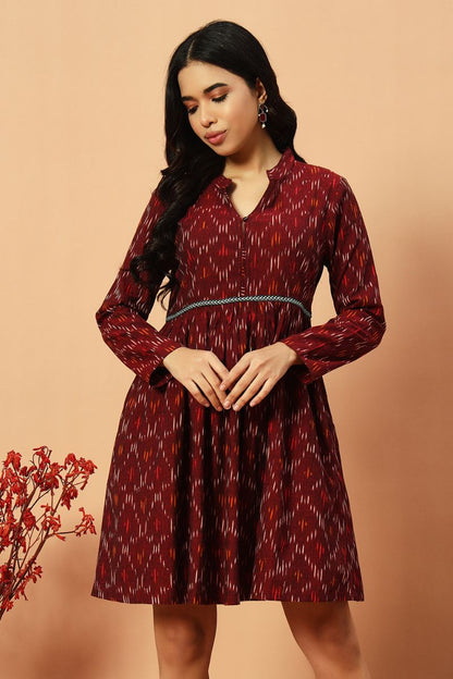 Wine Ikat Flared Dress