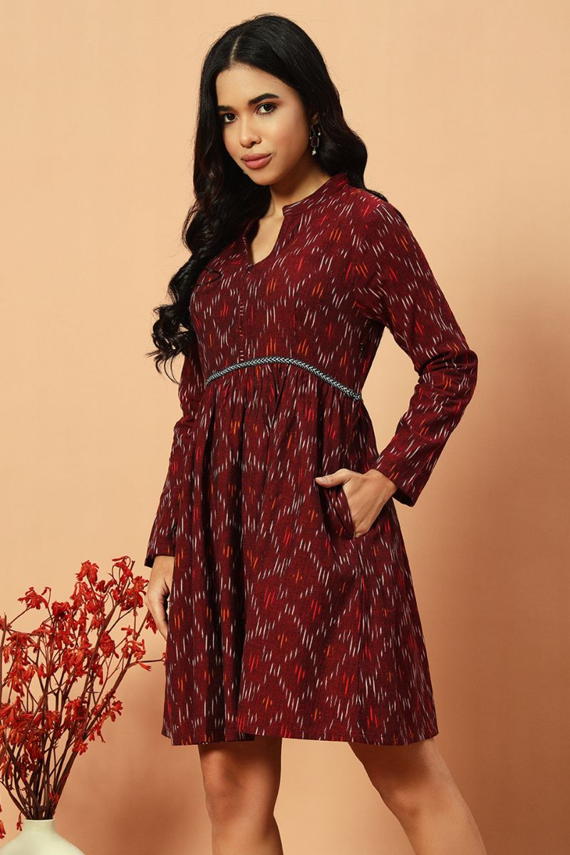 Wine Ikat Flared Dress
