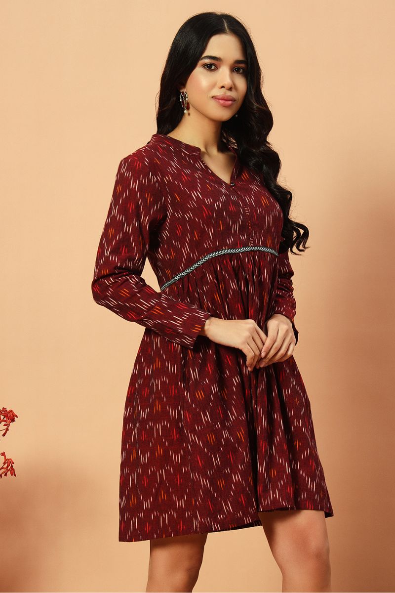 Wine Ikat Flared Dress