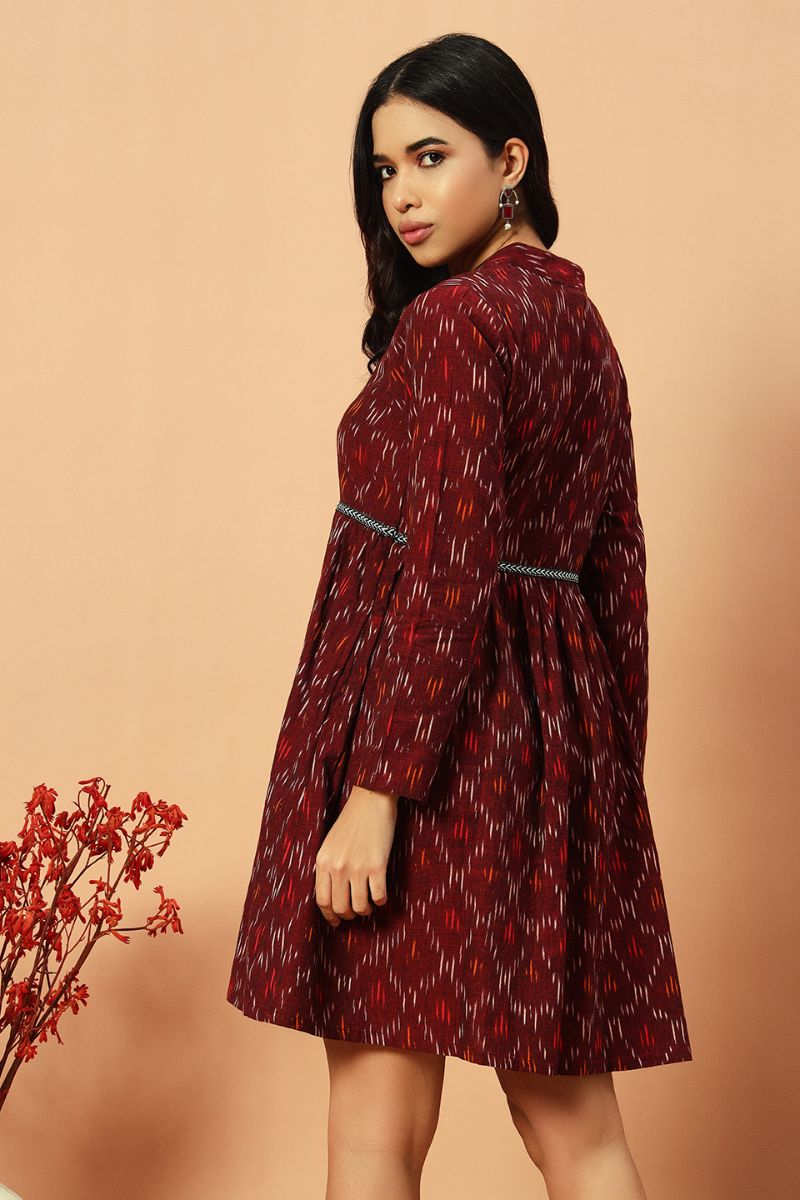Wine Ikat Flared Dress