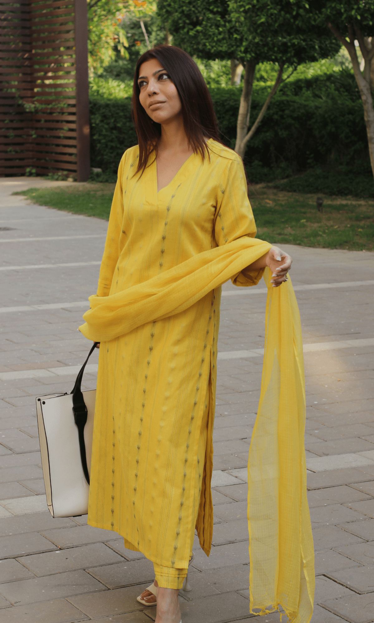 Yellow Cotton Lurex Ikkat Print Suit Set with Kota Doria Dupatta - Baareeki