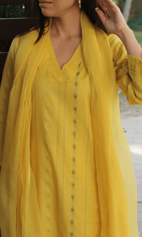 Yellow Cotton Lurex Ikkat Print Suit Set with Kota Doria Dupatta - Baareeki