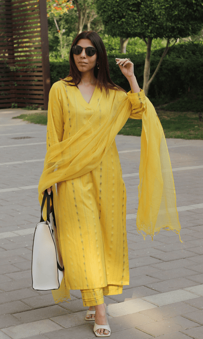 Yellow Cotton Lurex Ikkat Print Suit Set with Kota Doria Dupatta - Baareeki