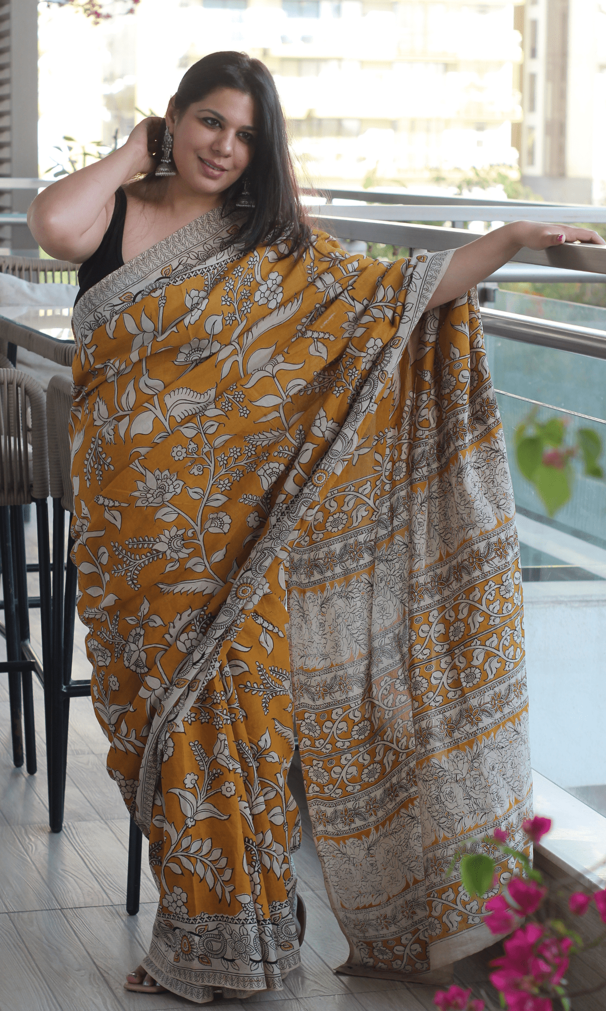 Yellow Handblock Kalamkari Silk Saree - Baareeki