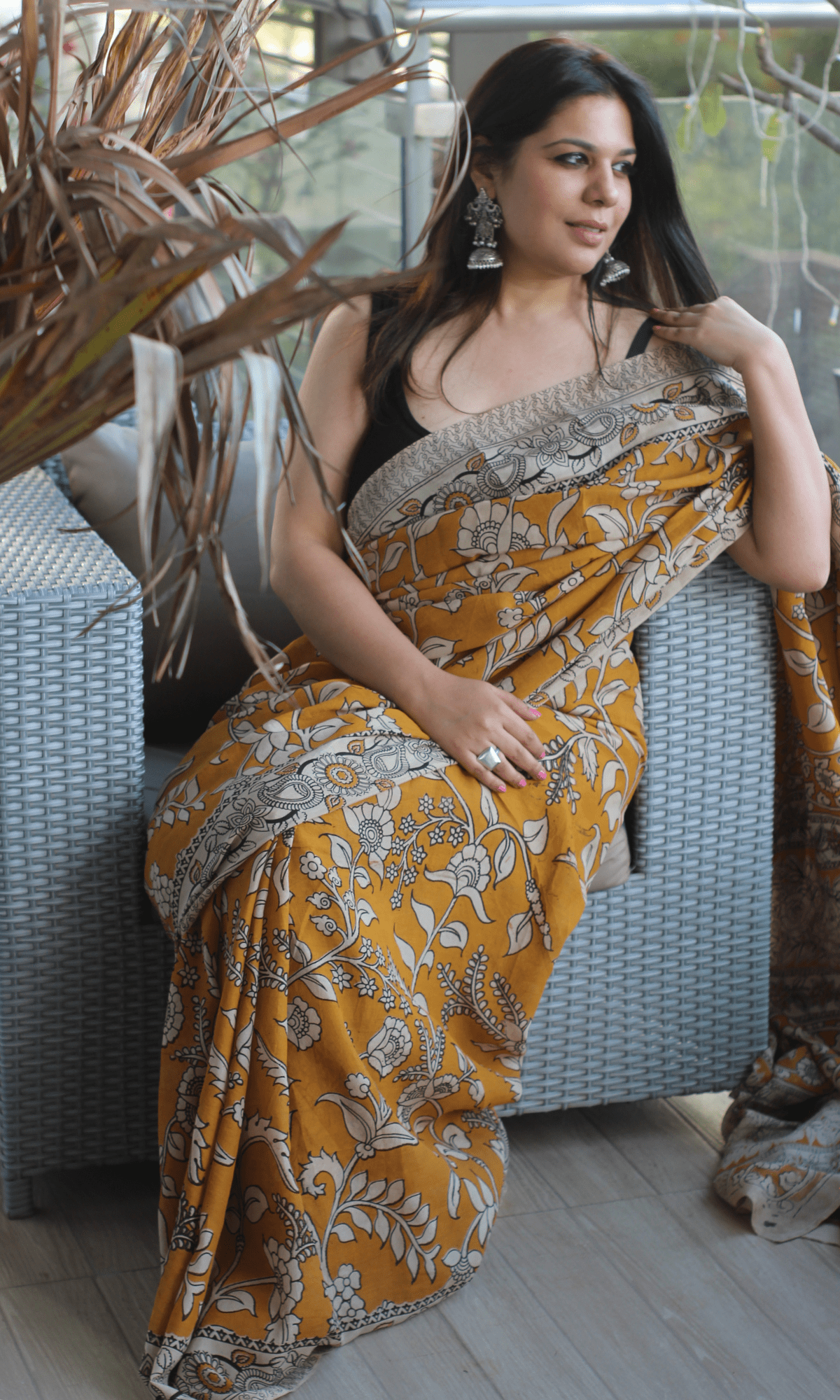 Yellow Handblock Kalamkari Silk Saree - Baareeki