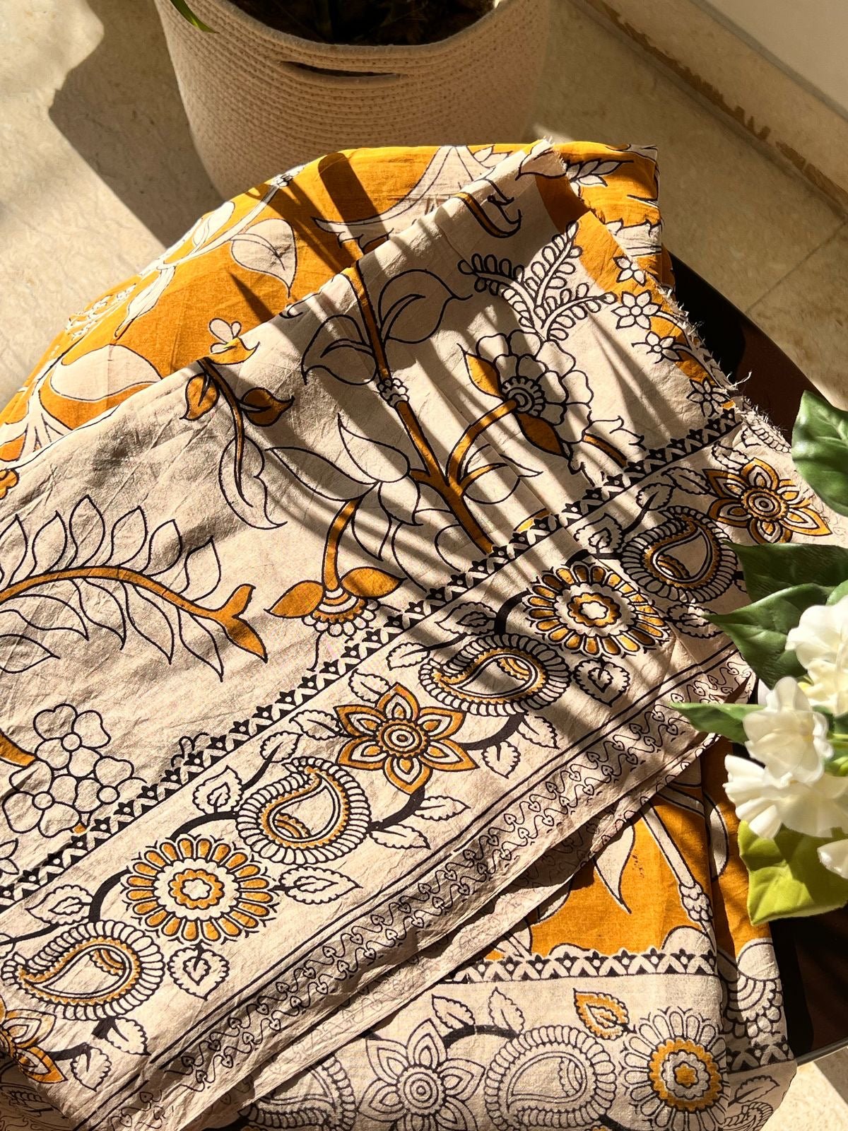 Yellow Handblock Kalamkari Silk Saree - Baareeki