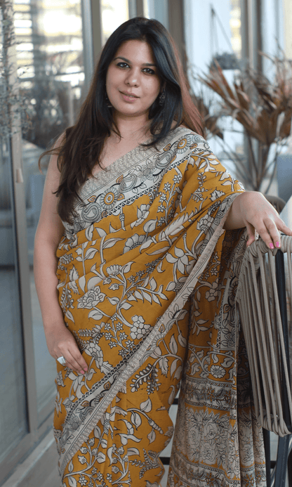 Yellow Handblock Kalamkari Silk Saree - Baareeki