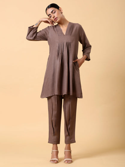 Cotton Linen Burnt Brown Pleated Co-Ord Set - trueBrowns