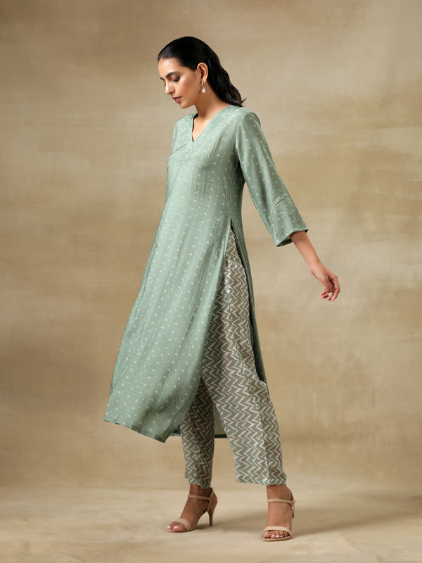 Light Green Bandhani Printed Silk High Slit Kurta Pant Set