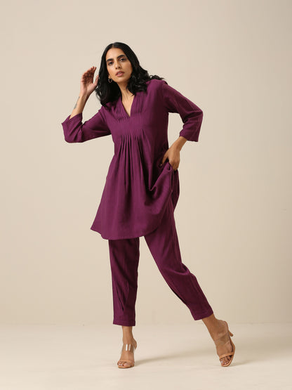 Plum Purple Slub Texture Pleated Co-Ord Set