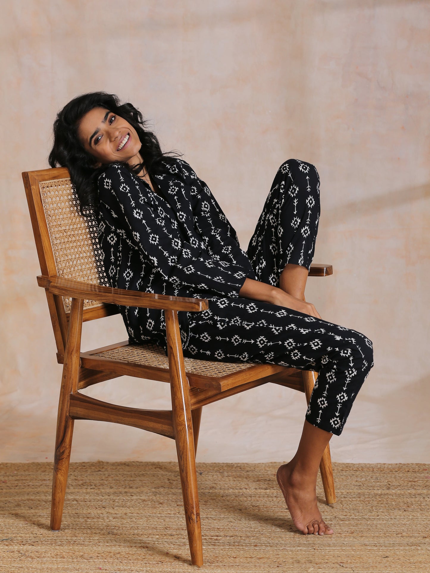 Black White Geometric Print Cotton Pant Suit Set