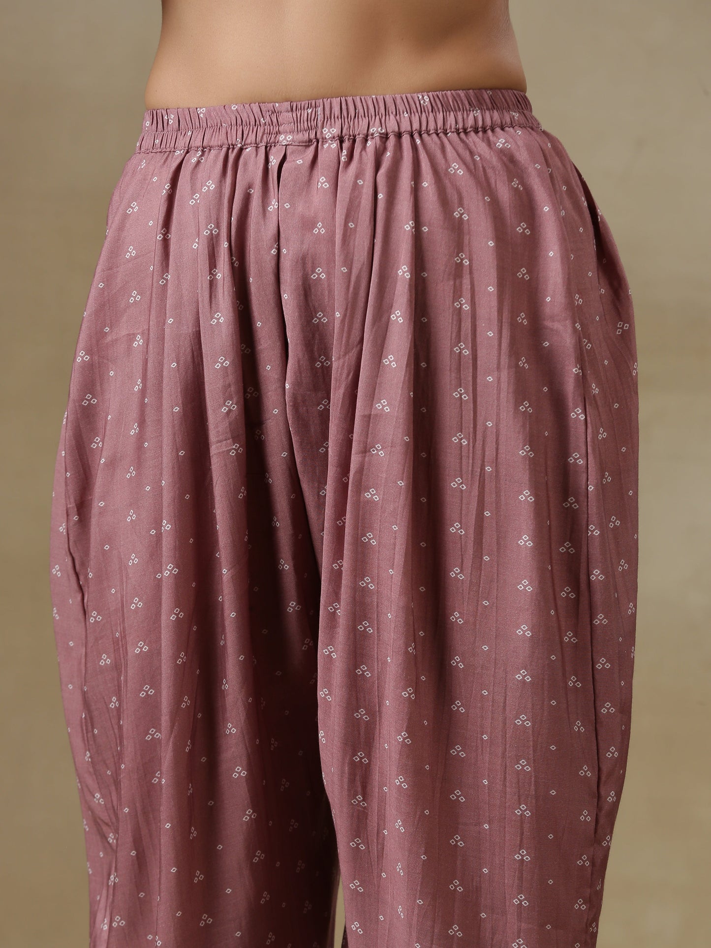 Dark Mauve Bandhani Printed Silk Loose Kurta Dhoti Pant Set