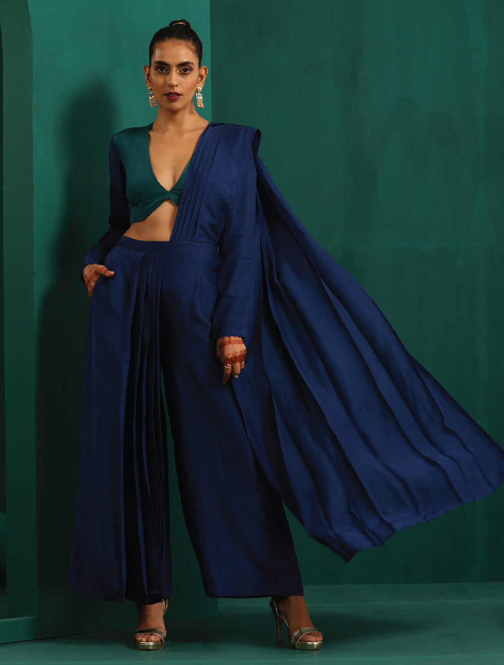 trueBrowns Blue Silk Palazzo Stitched Saree