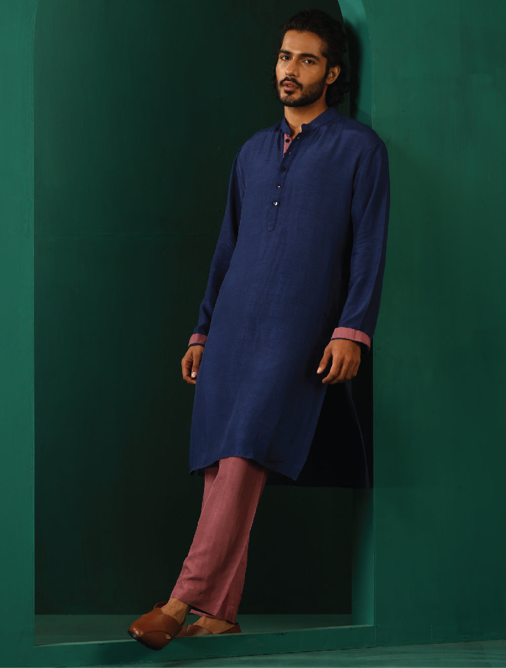 trueBrowns Men's Blue Silk Long Kurta