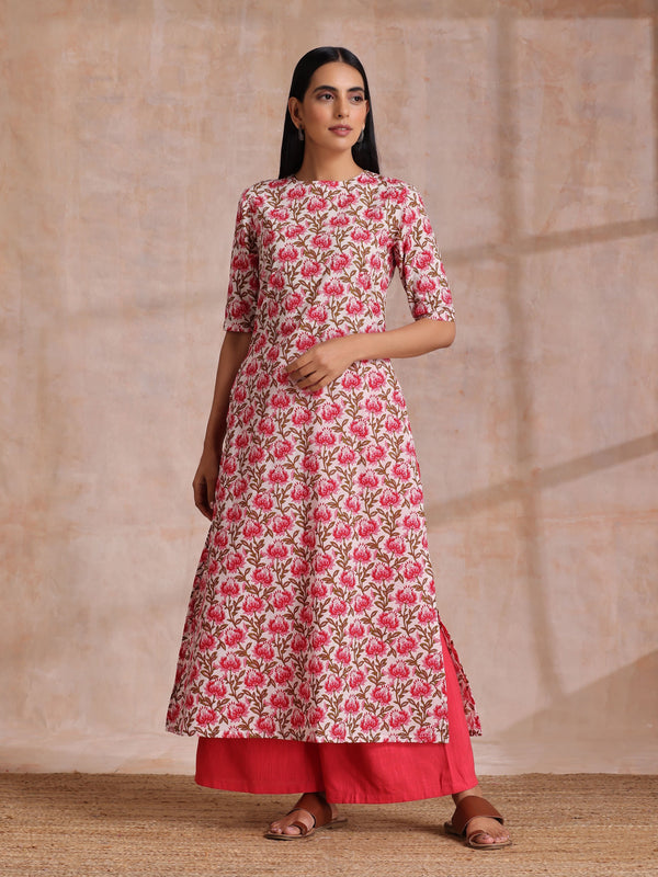 Pink Brown Overall Floral On White Block Print Cotton Slit Kurta Pant Set