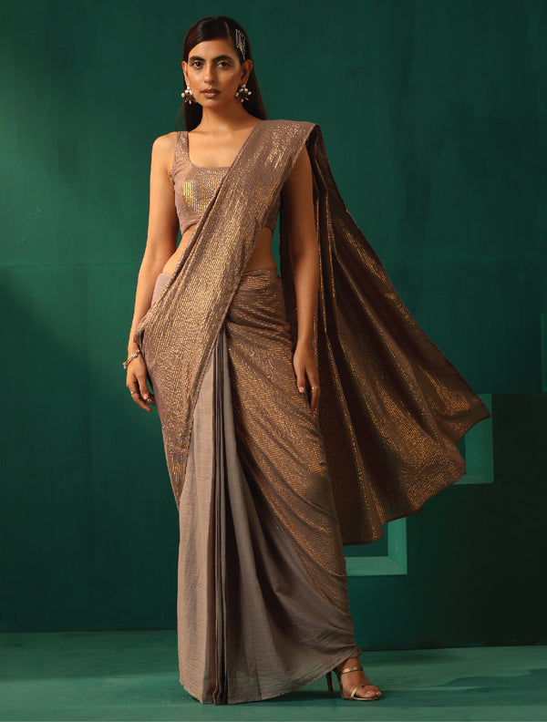 trueBrowns Grey Cotton Gold Lurex Striped Ready to Wear Saree