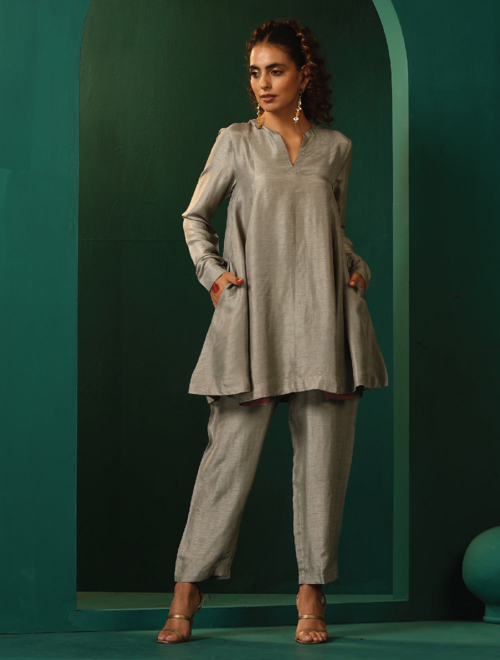 trueBrowns Grey Silk Flared Co-ord Set