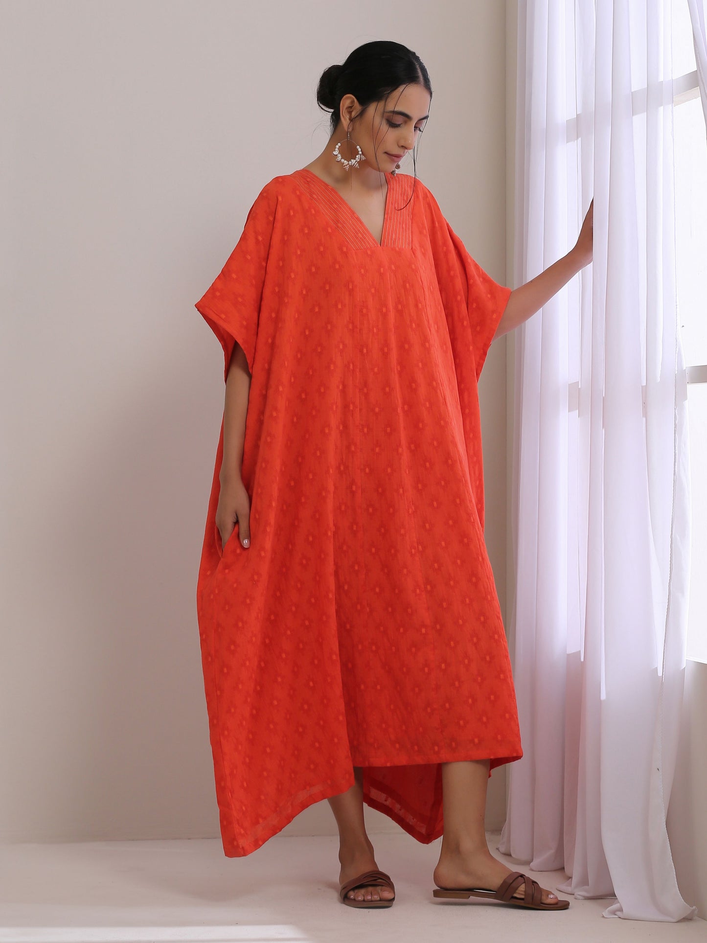 Orange Dobby Panel Kaftan Dress