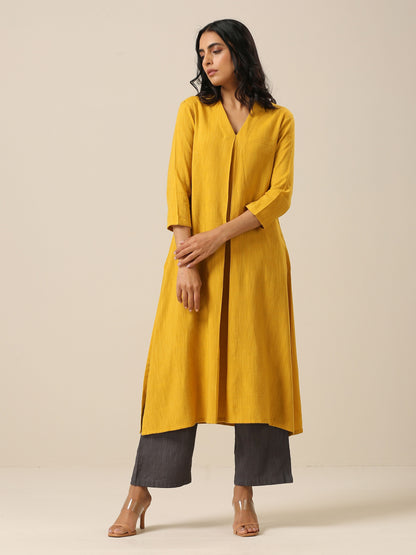 Mustard Yellow Slub Texture Neck Pleat Kurta Pant Set