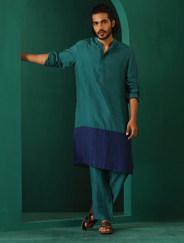 trueBrowns Men's Blue Color Block Silk Long Kurta