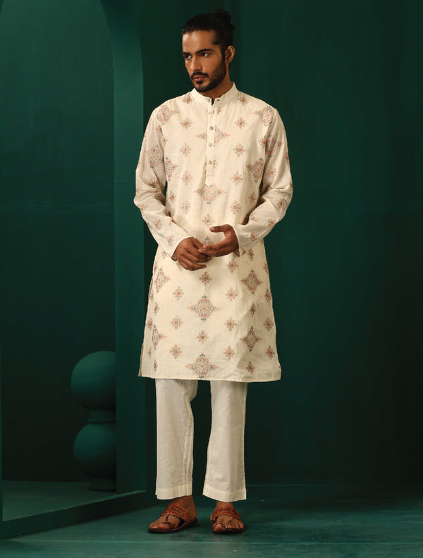 trueBrowns Men's Ivory Peach Cotton Kurta