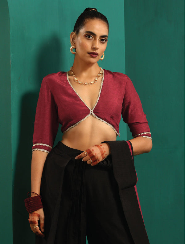 trueBrowns Maroon Silk Gota Blouse