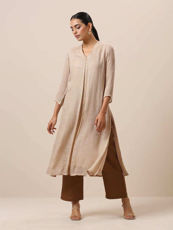 Linen Beige Textured Slit Kurta Pant Set