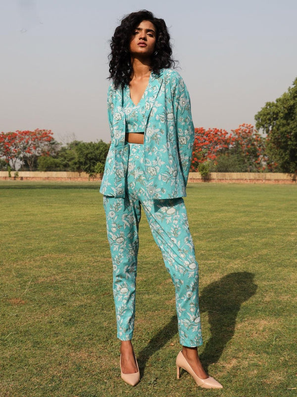 Turquoise Cotton Block Print Pant Suit Set - trueBrowns