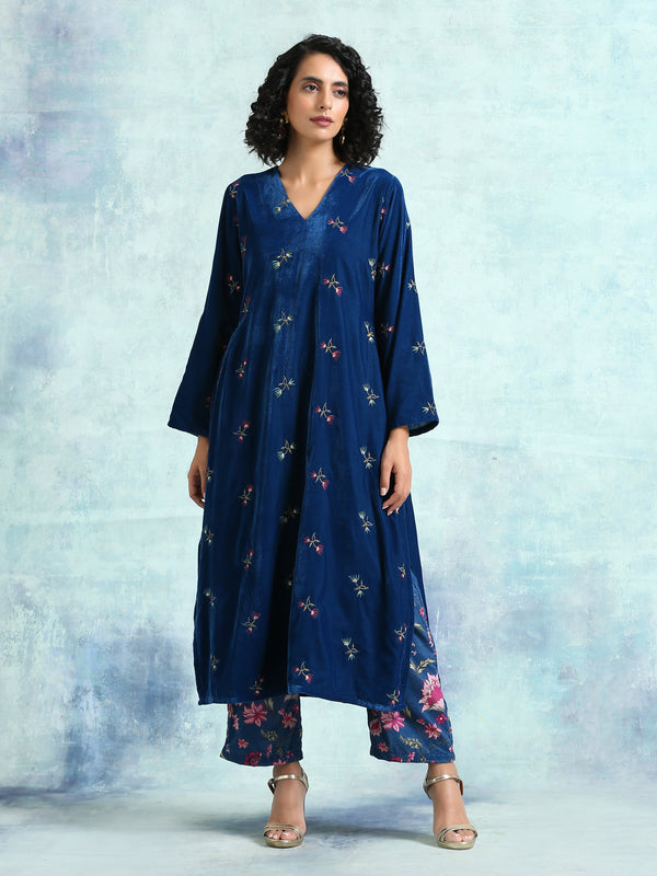 Blue Embroidered Velvet High Slit Kurta