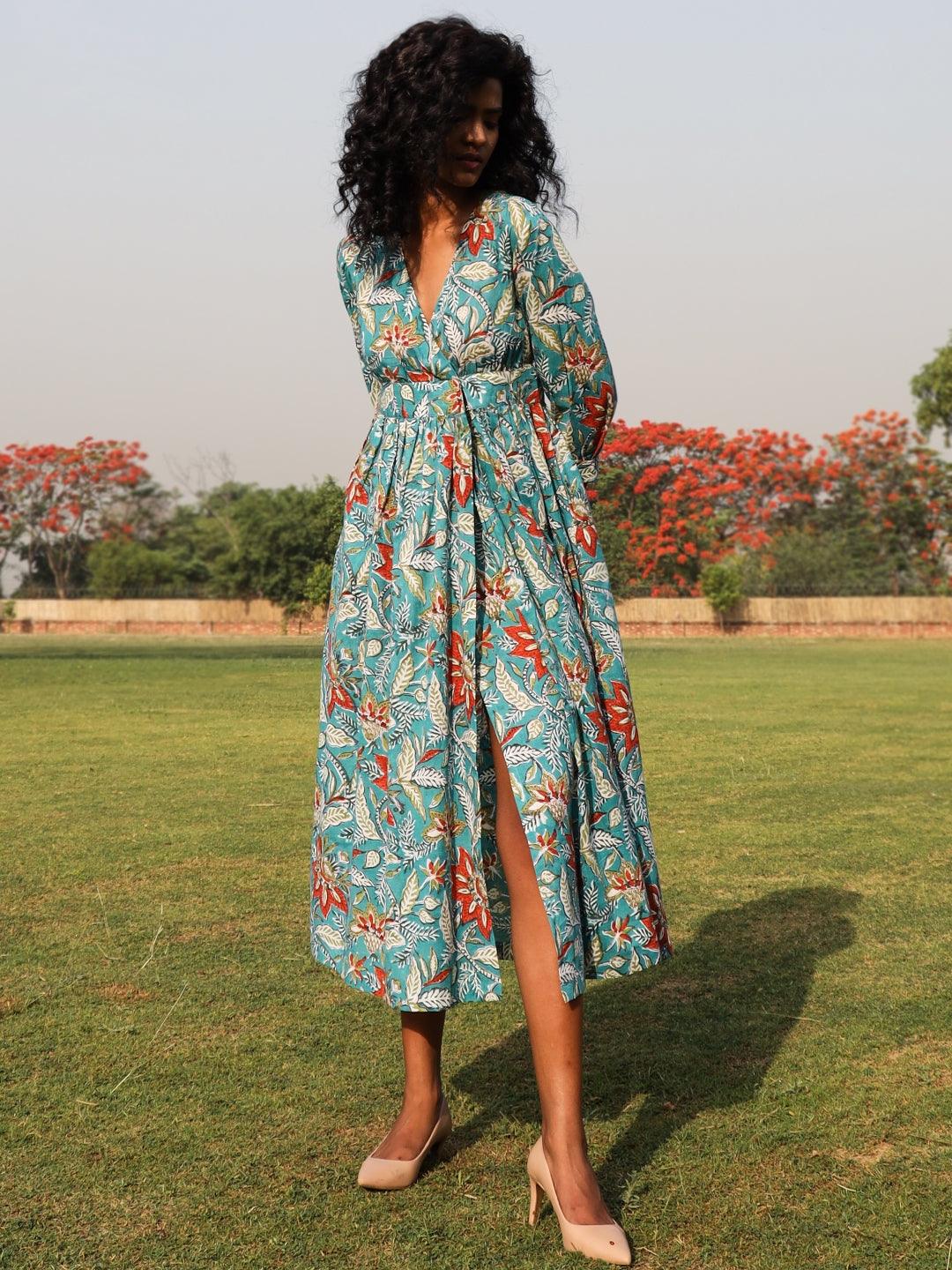 Teal Cotton Block Print Wrap Dress - trueBrowns