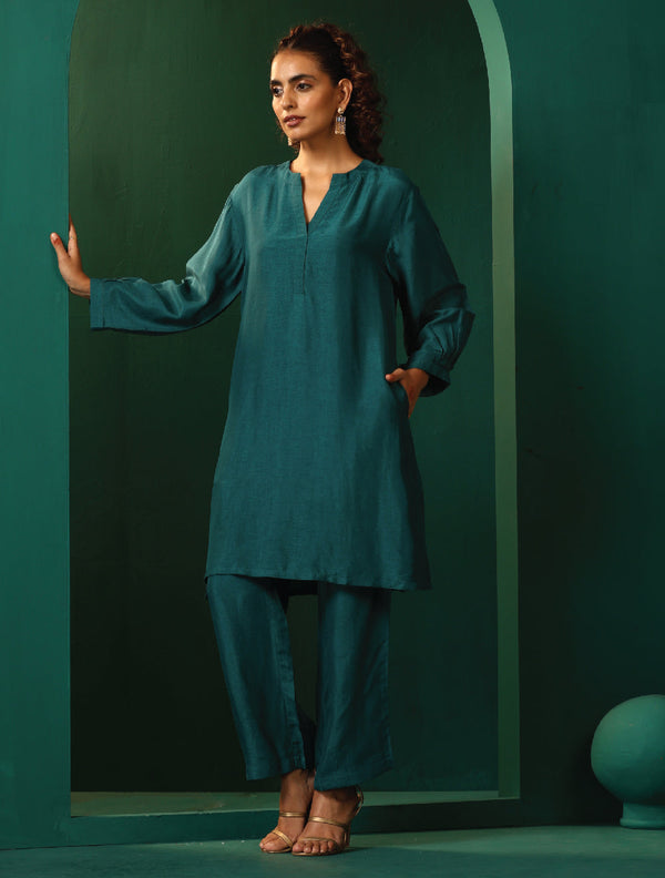 trueBrowns Teal Silk Relaxed Placket Co-ord Set