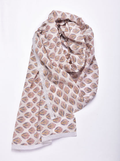 White Grey Buta Block Print Cotton Stole