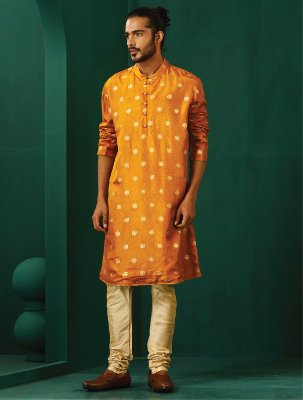 trueBrowns Men's Mustard Geometric Floral Viscose Silk Long Kurta