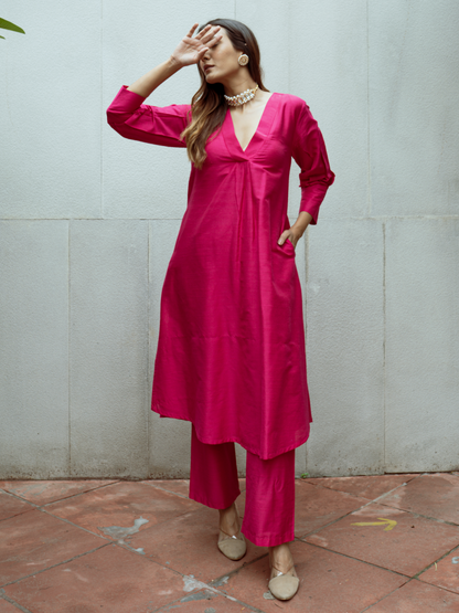 Pink Dupion Silk Puff Sleeve Kurta Pant Set