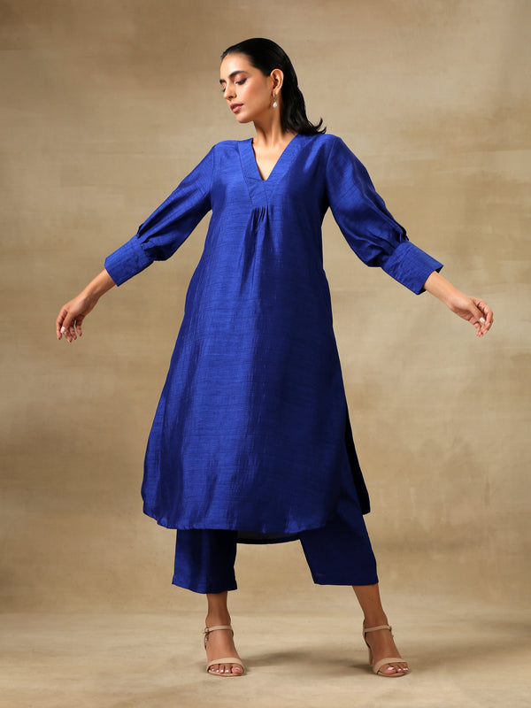 Blue Textured Silk Puff Sleeve Kurta Pant Set