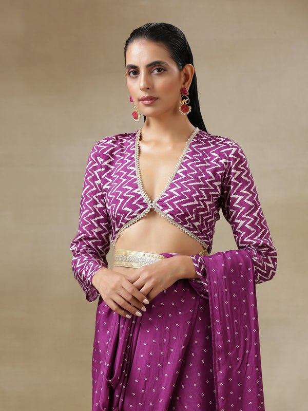 Purple Bandhani Printed Silk Full Sleeve Blouse