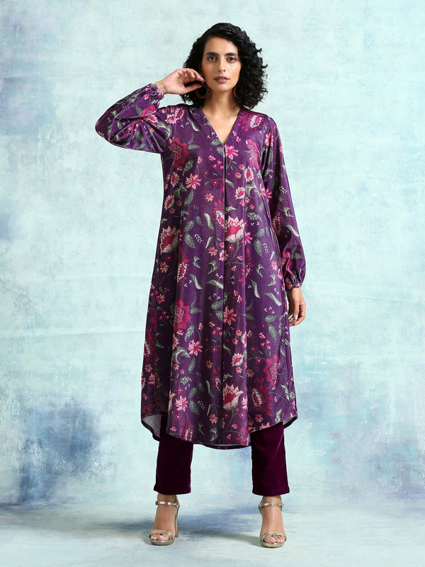 Wine Printed Velvet Neck Pleat Kurta