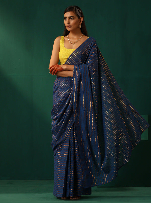 trueBrowns Royal Blue Cotton Gold Lurex Striped Ready to Wear Saree