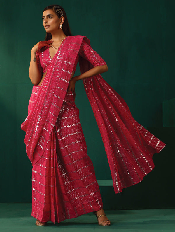 trueBrowns Rani Pink Cotton Silver Lurex Striped Ready to Wear Saree