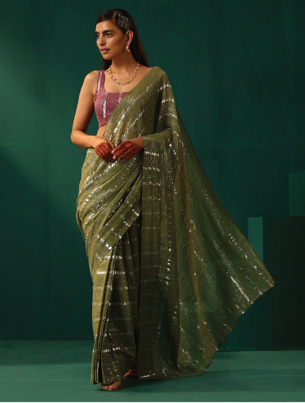 trueBrowns Sage Green Cotton Silver Lurex Striped Ready to Wear Saree