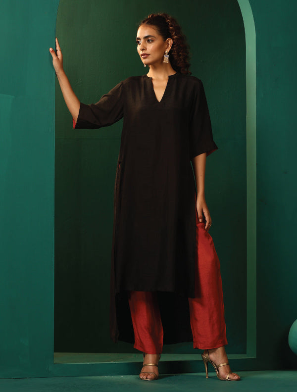 trueBrowns Black Silk High Low Kurta Pant Set