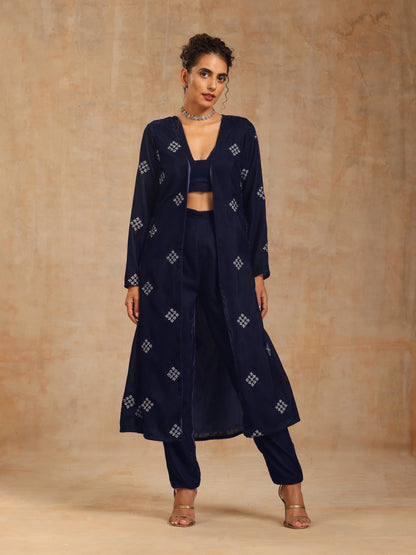 trueBrowns Midnight Blue Velvet Embroidered Jacket Set