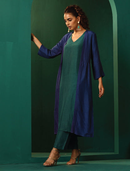 trueBrowns Blue Teal Silk Kurta Jacket Set