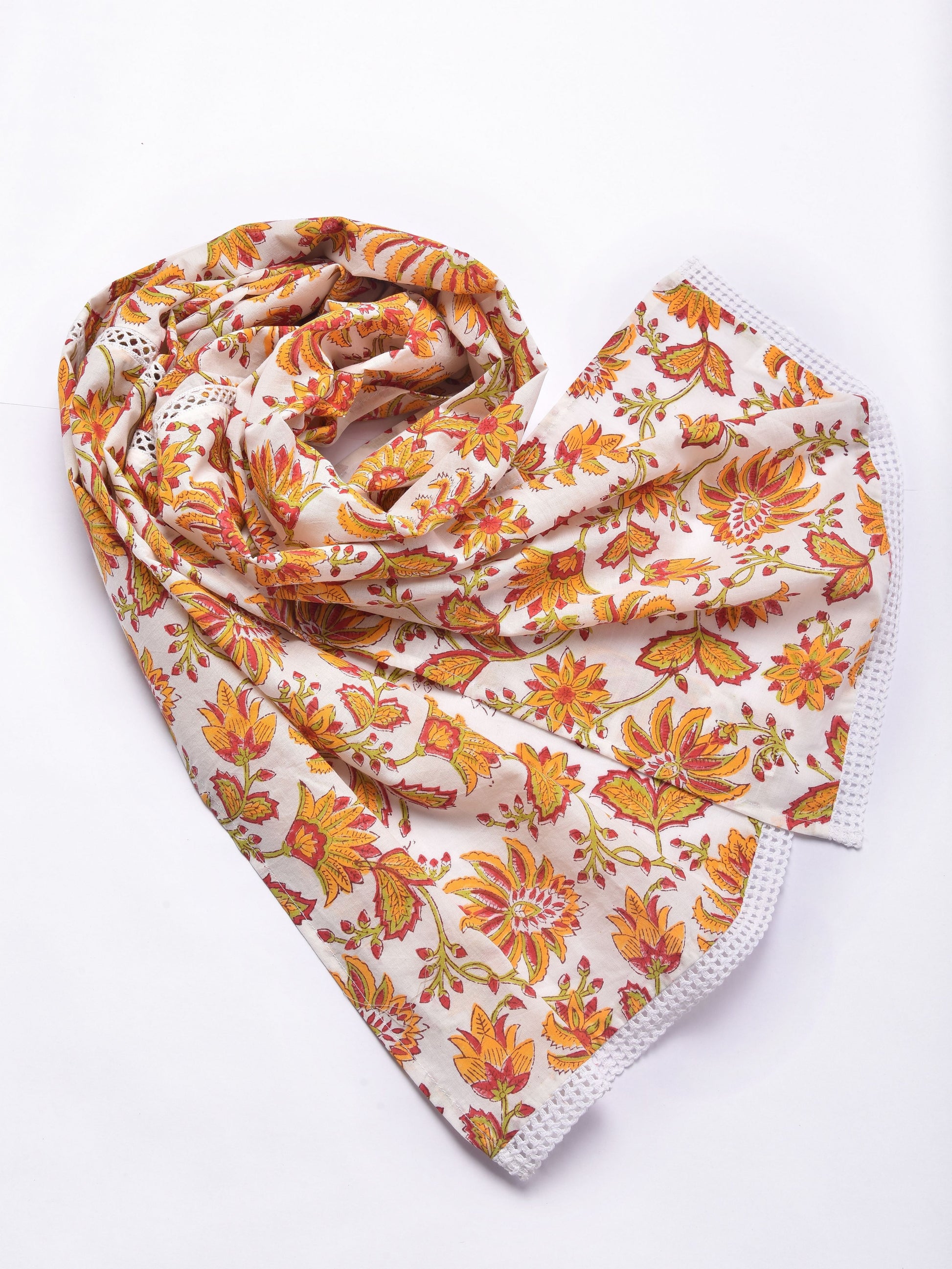 Red Floral On White Cotton Block Print Stole Tsuri Trends